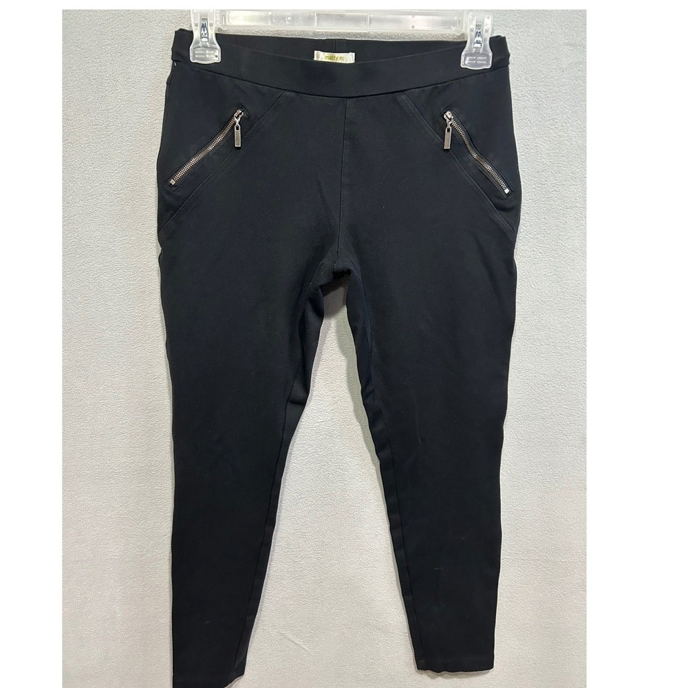 Womens Pull On Black Pants Size M Faux Zip Front Pockets Workwear Office Trouser
